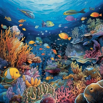 Underwater landscape with coral reef and tropical fishes. Generative AI