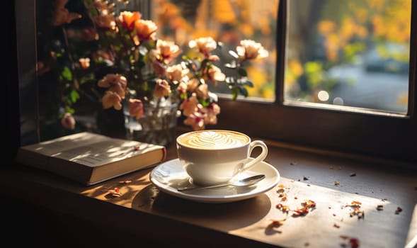 Hot cappuccino coffee with old book and warm autumn decor on wooden shelf by the window. Autumn mood concept. Winter mood concept. Warm autumn or winter picture. Selective focus. At home. Time for relax. Fall colors cozy