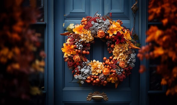 Decorative bright autumn wreath hanging on front door of house door close up. Beautiful Festive decoration for Thanksgiving or Halloween party. Fall season background October, Autumn Fall concept decoration