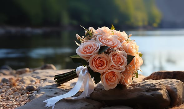 Stylish bride bouquet elegant. A beautiful wedding bouquet with orange roses in bride's hands. A woman in wedding dress holding flowers. Celebration style concept. Design element. Close up. Copy space. space for text