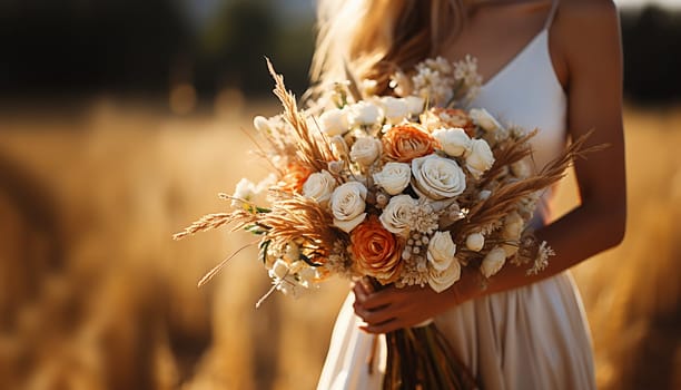 Stylish bride bouquet elegant. A beautiful wedding bouquet with orange roses in bride's hands. A woman in wedding dress holding flowers. Celebration style concept. Design element. Close up. Copy space. space for text