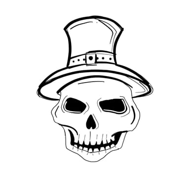 Skull ghost wearing a witch's hat hand drawn lines On a white background, isolate