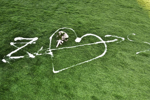 lovers heart symbol is drawn with white foam on green grass, Valentine's Day. High quality photo