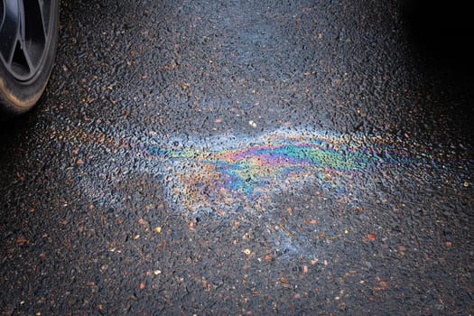Leakage of oil or gasoline from a car onto a wet asphalt road. The concept of environmental pollution. Selective focus.