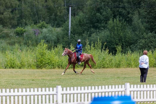 A rider rides a horse in a competition. Moscow Russia July 1, 2023. High quality photo