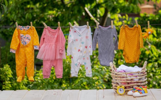 washing baby clothes. Linen dries in the fresh air. Selective focus. nature.