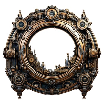 Metallic frame with vintage machine gears and cogwheel. Isolated on transparent background. Mock up template