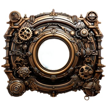 Metallic frame with vintage machine gears and cogwheel. Isolated on transparent background. Mock up template