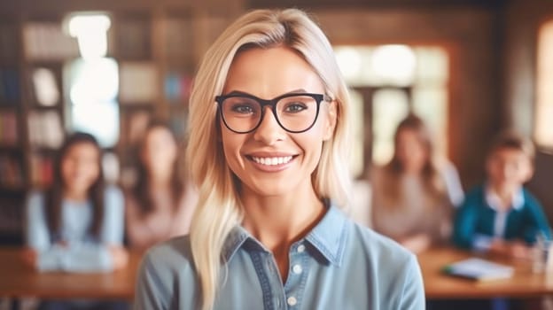 Pretty smiling female teacher looking at camera, kids on background in classroom at the elementary school. Back to school. Generative ai