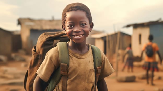 African kid with backpack is looking to the camera and walking to school on the dusty street. Back to school. Generative ai