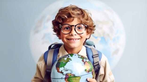 Little boy with backpack and globus looking at camera earth on background. Back to school. Generative Ai