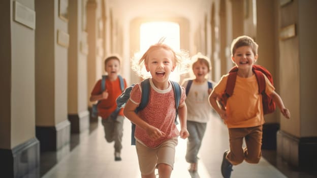 Front view of happy diverse school kids running in corridor at school