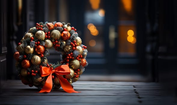 Christmas wreath.New Year and Christmas decor. Ornament a wreath from branches ate with cones, lights of a garland and gold spheres. Traditional Christmas decoration for interior and exterior. copy space