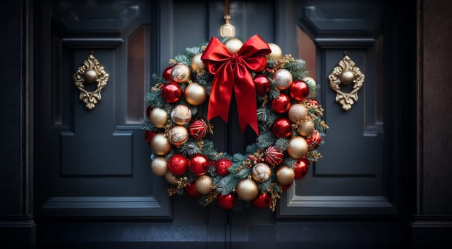 Christmas wreath.New Year and Christmas decor. Ornament a wreath from branches ate with cones, lights of a garland and gold spheres. Traditional Christmas decoration for interior and exterior. copy space