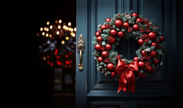 Christmas wreath.New Year and Christmas decor. Ornament a wreath from branches ate with cones, lights of a garland and gold spheres. Traditional Christmas decoration for interior and exterior. copy space