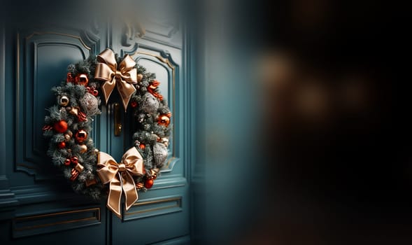 Christmas wreath.New Year and Christmas decor. Ornament a wreath from branches ate with cones, lights of a garland and gold spheres. Traditional Christmas decoration for interior and exterior. copy space