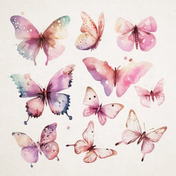 Collections of watercolor butterflies in shades of pink on a white paper background. background with butterflies download image