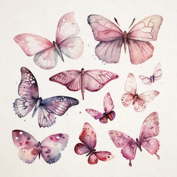 Collection of watercolor butterflies in shades of pink on a white paper background download image