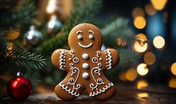Gingerbread man cookie hanging in decorative Christmas tree. bokeh lights with copy space Decoration in festival period. Closeup magic and fairy tree as colorful background or wallpaper for New year celebration. Seasonal backdrop. space for text