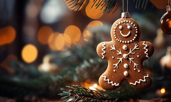 Gingerbread man cookie hanging in decorative Christmas tree. bokeh lights with copy space Decoration in festival period. Closeup magic and fairy tree as colorful background or wallpaper for New year celebration. Seasonal backdrop. space for text