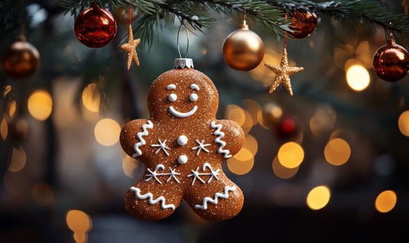 Gingerbread man cookie hanging in decorative Christmas tree. bokeh lights with copy space Decoration in festival period. Closeup magic and fairy tree as colorful background or wallpaper for New year celebration. Seasonal backdrop. space for text