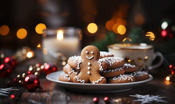 freshly baked homemade gingerbread cookies on plate with Christmad decor on wooden table.Bokeh lights.Christmas, New Year, DIY, holidays preparation and creativity concept. Getting ready to celebration. freshly baked homemade gingerbread cookies copy space