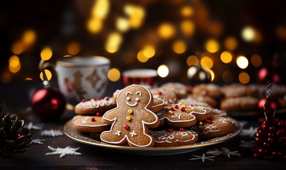 freshly baked homemade gingerbread cookies on plate with Christmad decor on wooden table.Bokeh lights.Christmas, New Year, DIY, holidays preparation and creativity concept. Getting ready to celebration. freshly baked homemade gingerbread cookies copy space