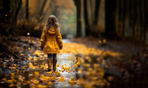 Happy cute child girl in yellow raincoat and boots walking in autumn park or forest,playing in puddle. Beautiful orange and yellow landscape in the Fall on a rainy day copy space