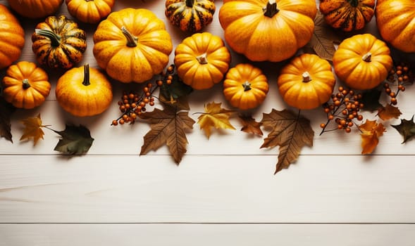 Pumpkin autumn decor flatlay on wooden table.Autumn composition. Pumpkins,fallen leaves on wooden table. Happy Thanksgiving concept. Flat lay, top view, copy space Orange Yellow fall colors space for text