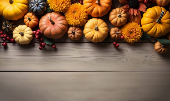 Pumpkin autumn decor flatlay on wooden table.Autumn composition. Pumpkins,fallen leaves on wooden table. Happy Thanksgiving concept. Flat lay, top view, copy space Orange Yellow fall colors space for text