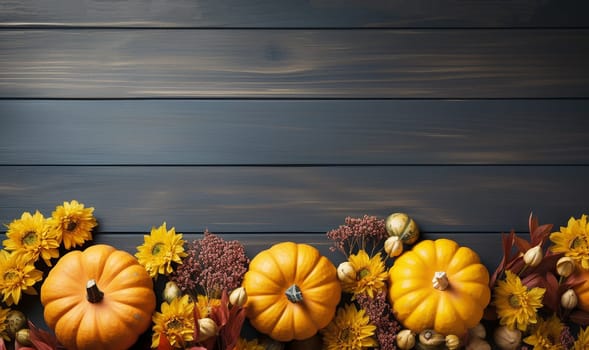 Pumpkin autumn decor flatlay on wooden table.Autumn composition. Pumpkins,fallen leaves on wooden table. Happy Thanksgiving concept. Flat lay, top view, copy space Orange Yellow fall colors space for text