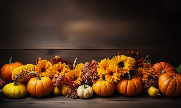 Pumpkin autumn decor flatlay on wooden table.Autumn composition. Pumpkins,fallen leaves on wooden table. Happy Thanksgiving concept. Flat lay, top view, copy space Orange Yellow fall colors space for text