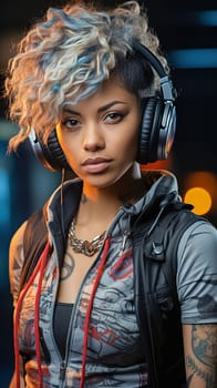 A girl with tattoos and multi-colored hair listens to music on headphones. High quality illustration