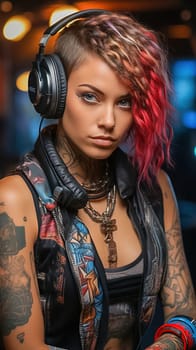 A girl with tattoos and multi-colored hair listens to music on headphones. High quality illustration
