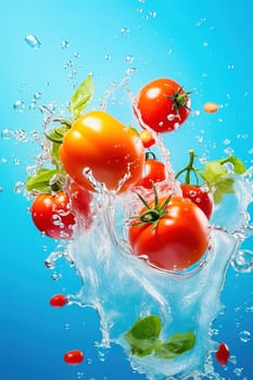 Tomatoes in flight with splashes