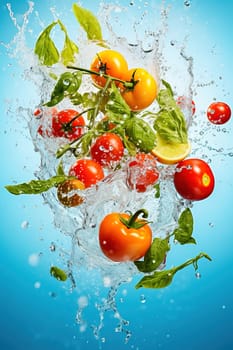 Tomatoes in flight with splashes