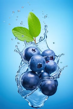 Blueberries fall into the water with splashes