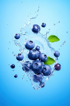 Blueberries fall into the water with splashes