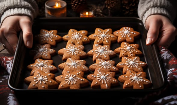 Freshly baked Christmas cookies on oven plate. Christmas, New Year, DIY, holidays preparation and creativity concept. Getting ready to celebration. Woman hands with freshly baked homemade gingerbread cookies closeup