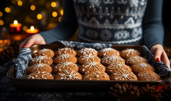 Freshly baked Christmas cookies on oven plate. Christmas, New Year, DIY, holidays preparation and creativity concept. Getting ready to celebration. Woman hands with freshly baked homemade gingerbread cookies closeup