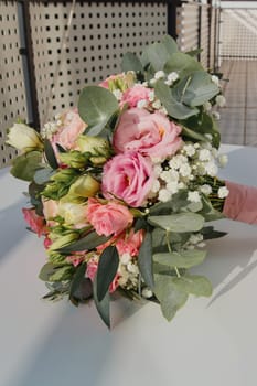 Bride's bouquet of fresh flowers. Close-up.