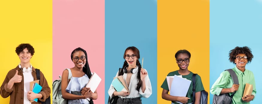 Happy cheerful cute stylish multiethnic teenagers guys and ladies posing on colorful backgrounds, carrying backpacks and notebooks, collage for education and student lifestyle concept