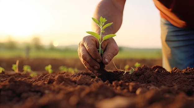 Regenerative Agriculture: Farmer's Hands Planting Seedling in Field. Sustainable Farming, Environmental Conservation, and Eco-Friendly Agriculture Concept. Close - up shot of a farmer's hands