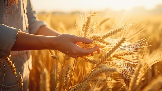 Farmer Woman's Hands Grazing Wheat Field: Close-Up Photo with Vibrant Background. Agriculture and Farming Concept.