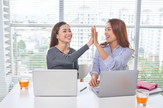 Indoor portrait of smiling girls working together in office. Pretty woman spending time with friend during break and posing for photo in library.