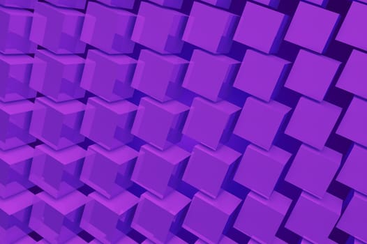 Many transparent purple 3D cubes hanging in space close to each other. 3d cubic illustration with abstract background