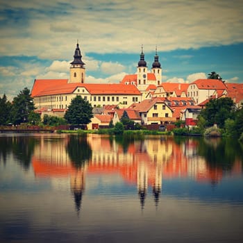 The beautiful Czech town of Telc in summer. Very popular tourist place with beautiful old architecture protected by UNESCO.

