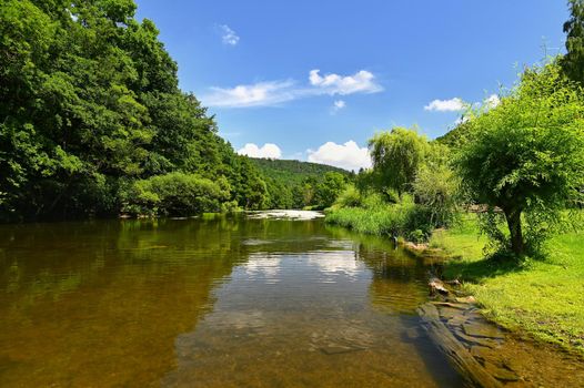Beautiful summer landscape with river, forest, sun and blue skies. Natural colorful background. Jihlava River, Czech Republic - Europe