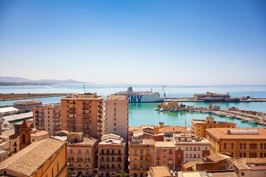 Porto Empedocle, Italy - July 22: View of the GNV Allegra quarantine ship parked in the porto Empedocle dock on July 22, 2021