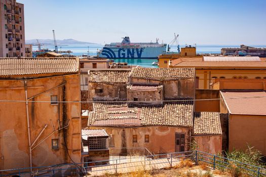 Porto Empedocle, Italy - July 22: View of the GNV Allegra quarantine ship parked in the porto Empedocle dock on July 22, 2021